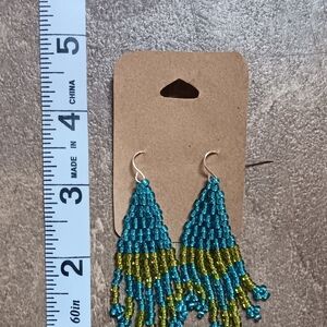 Teal and Green Beaded Fringe Earrings - Women Jewelry